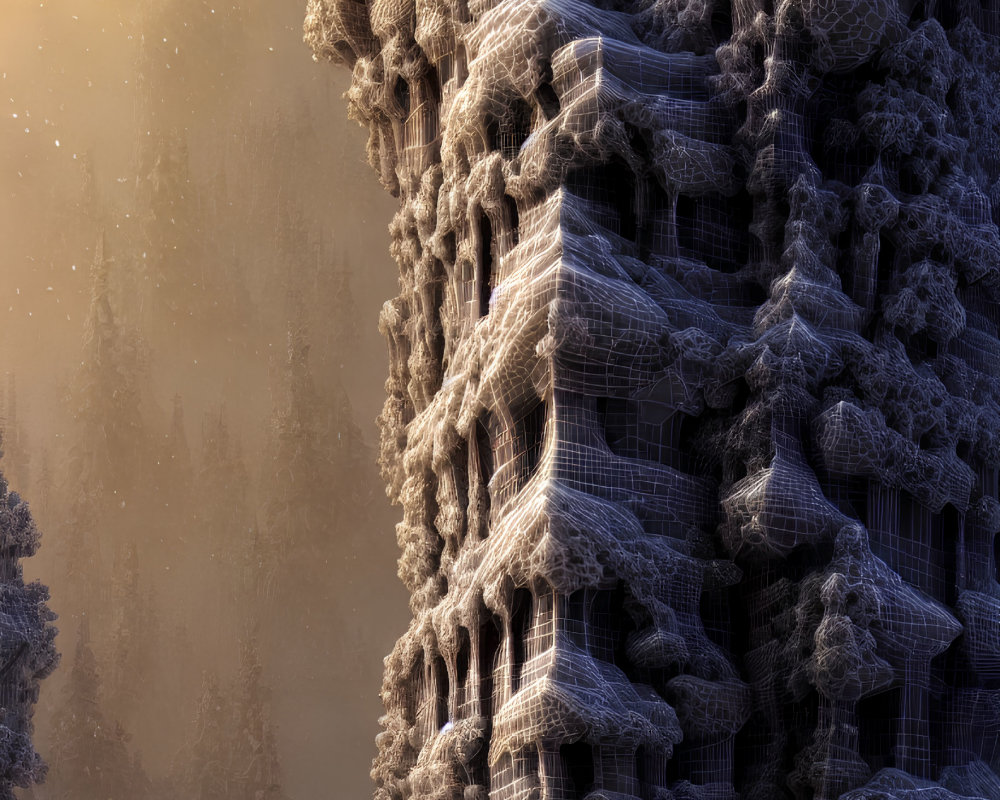 Intricate fractal structure against misty tree backdrop under amber sky