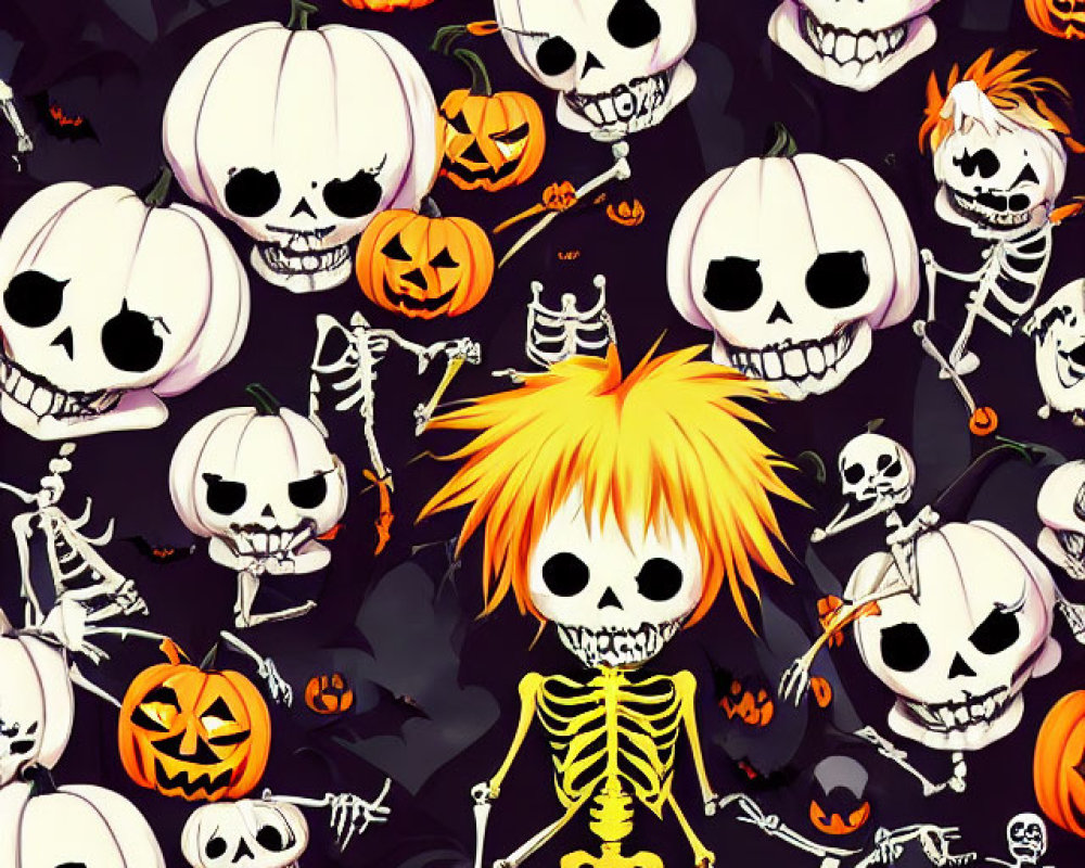 Cartoon skeletons and jack-o'-lanterns in Halloween illustration