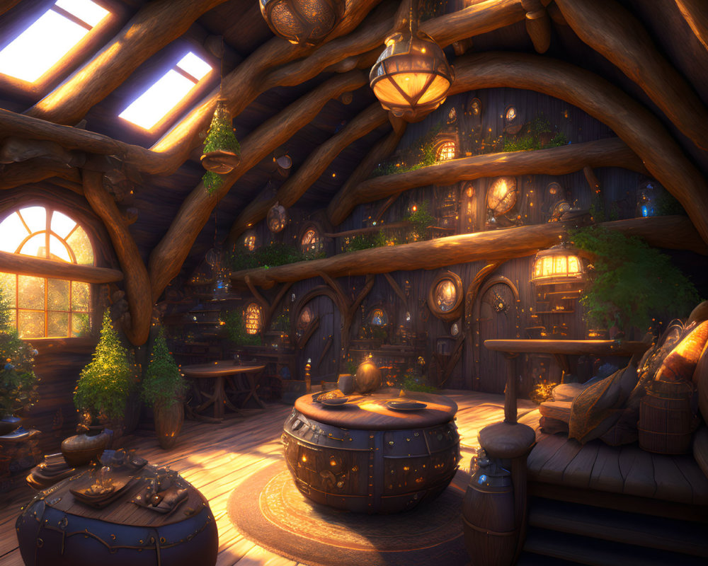 Warmly Lit Wooden Interior with Cauldron, Circular Tables, Banisters, and Plants by Ar