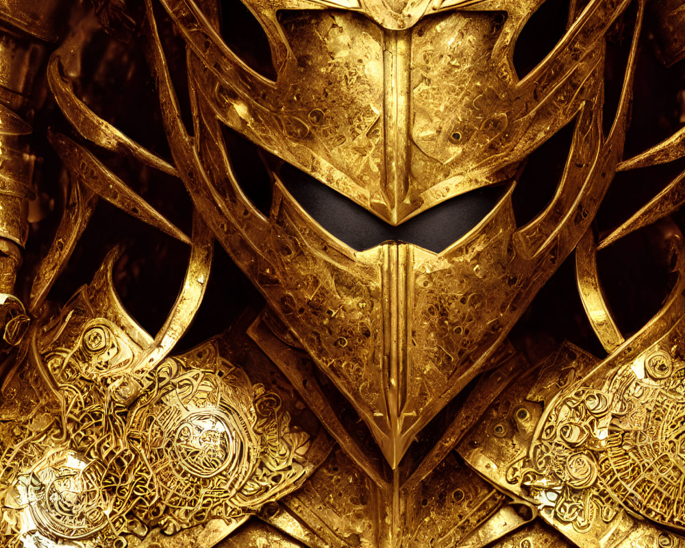 Detailed Golden Armor with Intricate Designs and Menacing Helmet