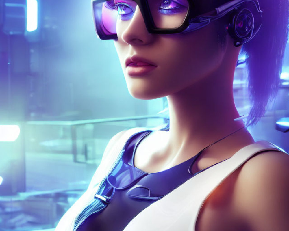 Futuristic Woman in Purple Glasses in Cyberpunk Setting