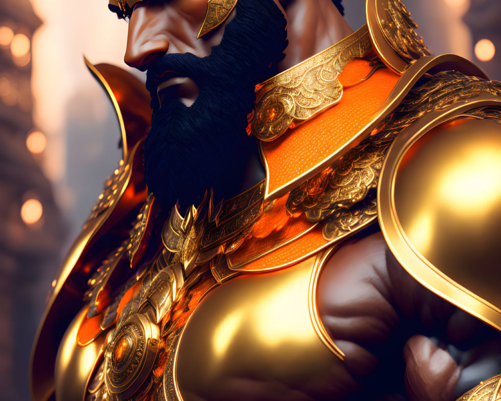 Detailed Close-Up of Heroic Figure in Ornate Golden Armor