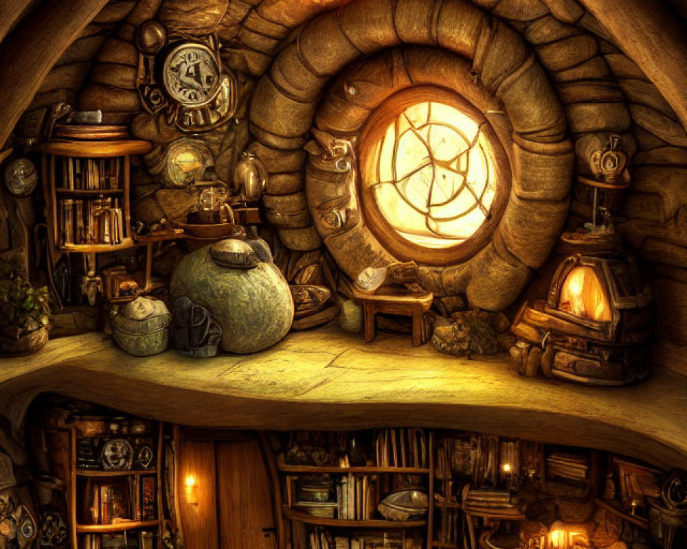 Fantasy-themed interior with round door, warm lighting, books, hearth, and eclectic furnishings