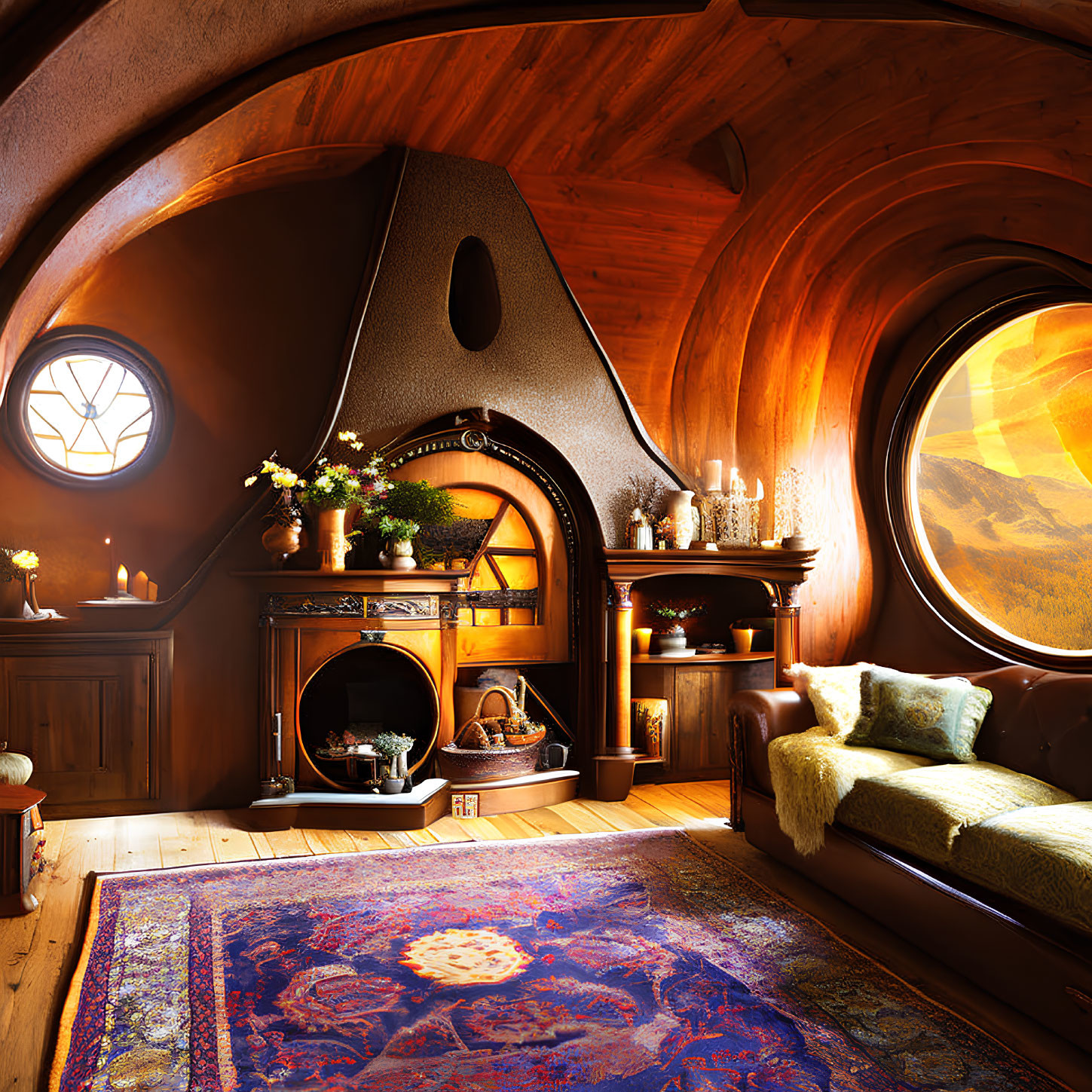 Cozy hobbit-inspired room with round door, fireplace, wooden interiors, plush couch, and colorful