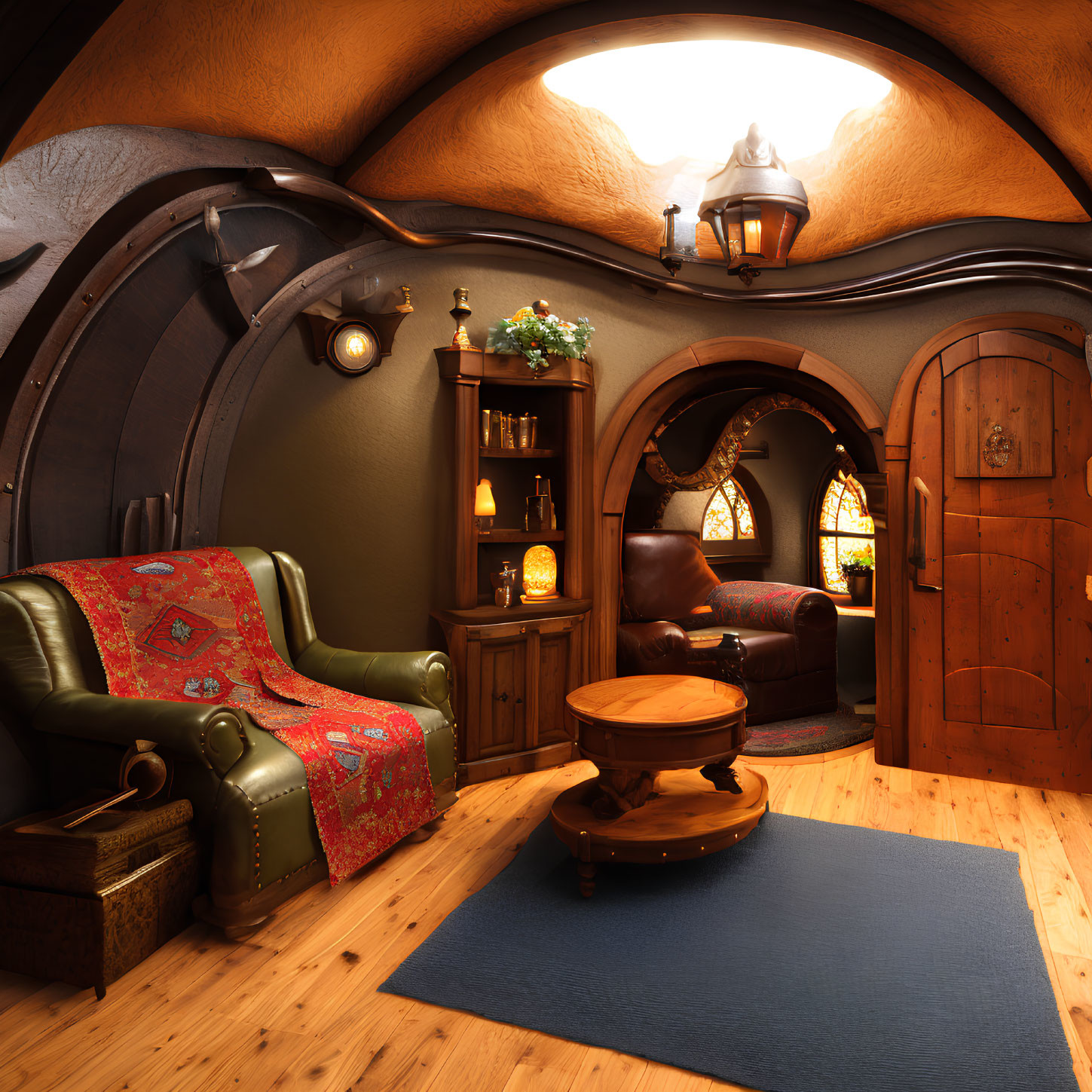 Rustic hobbit-style interior with round doors and wooden furniture