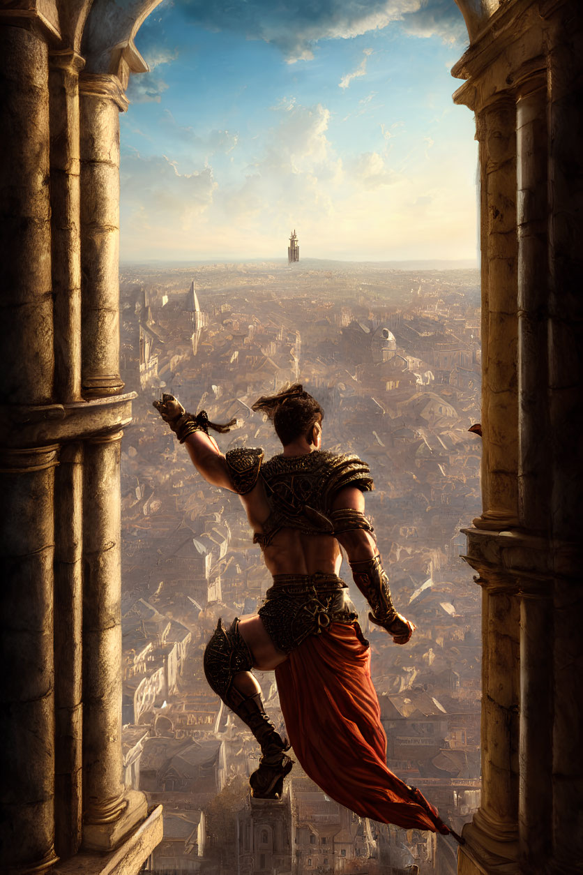 Ancient warrior in traditional attire gazes at sunlit historical cityscape.