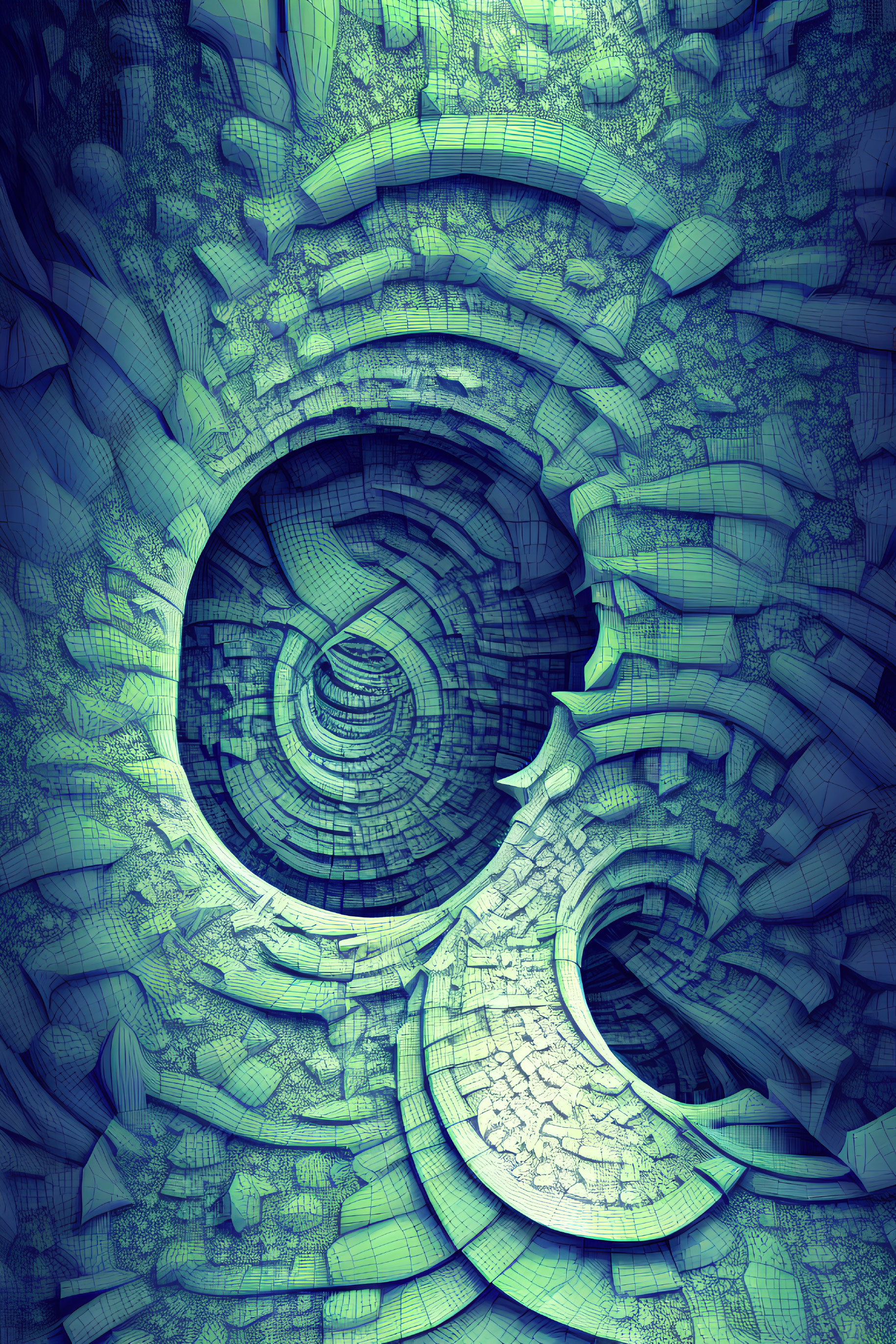 Abstract Fractal Image: Spiral Pattern, Textured Surface, Blue and Green Shades