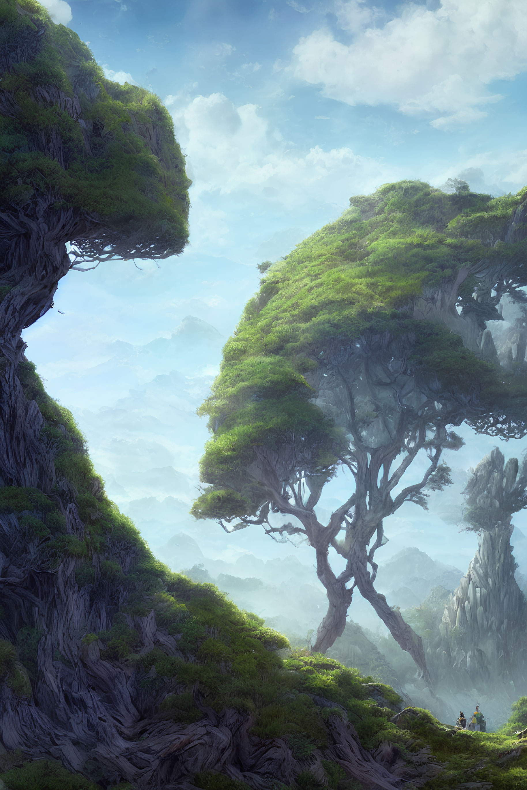 Majestic fantasy landscape with towering rocks and oversized trees