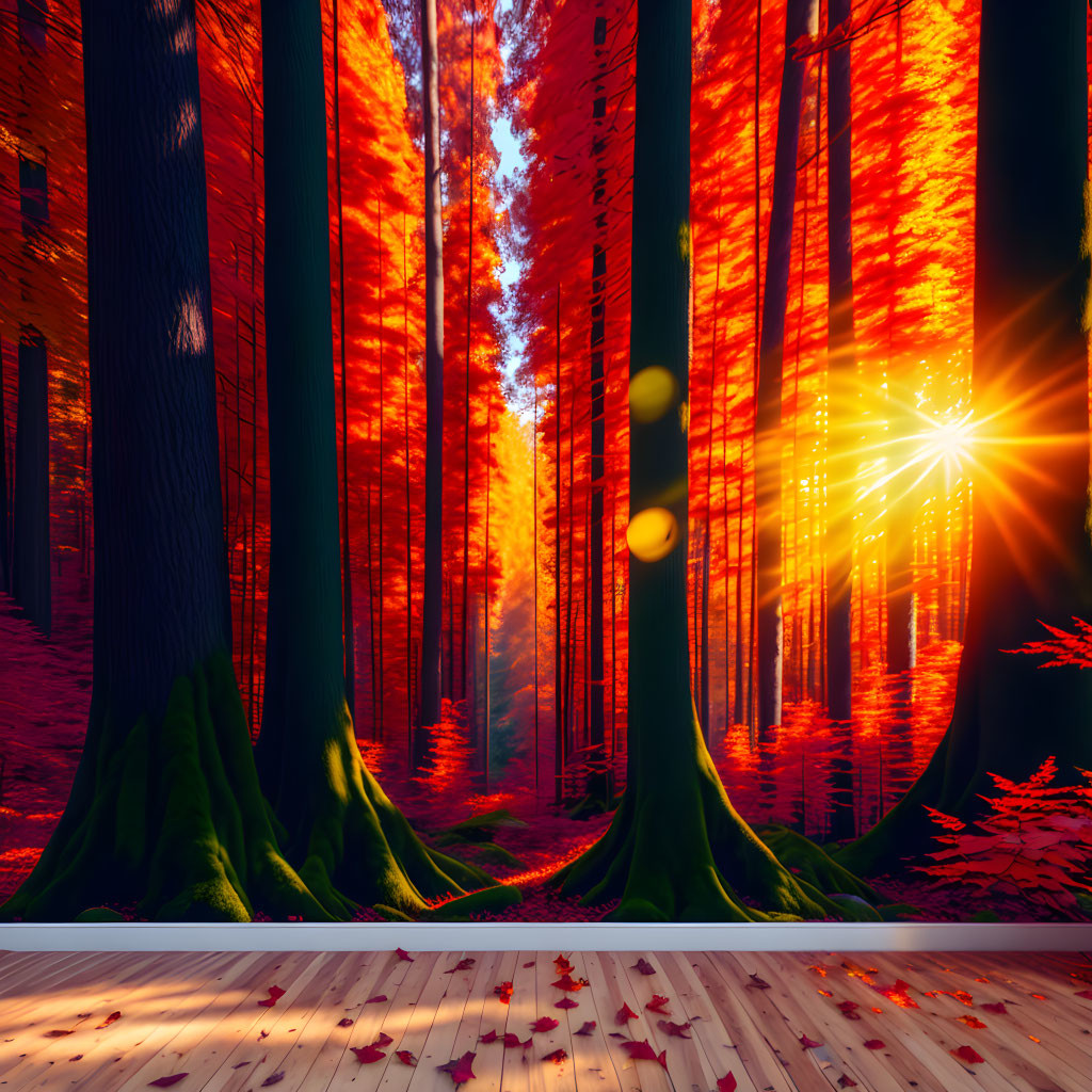 Majestic red-orange forest with sunlight filtering through tall trees