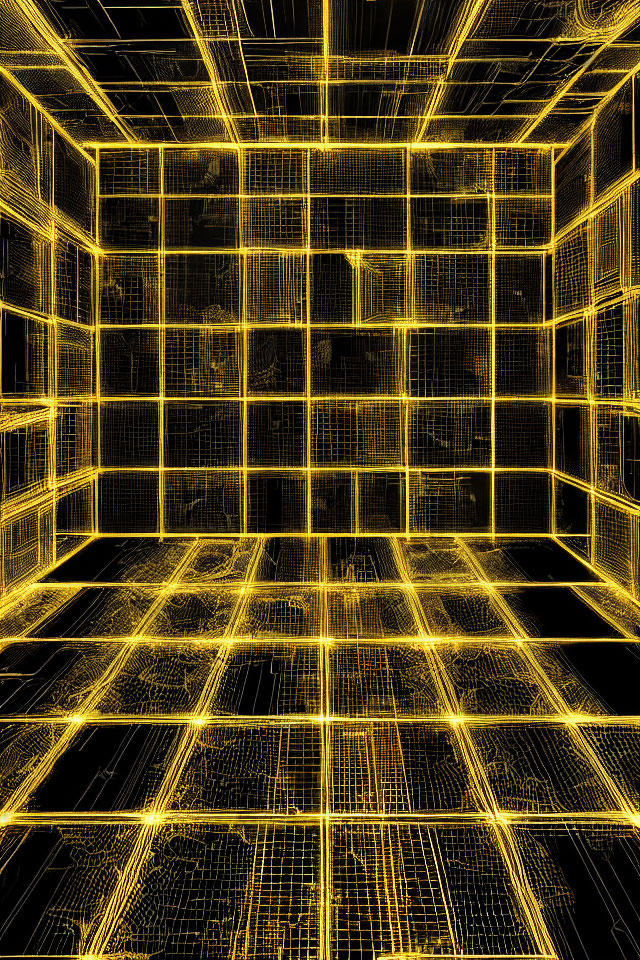 Neon yellow lined 3D lattice structure on black background