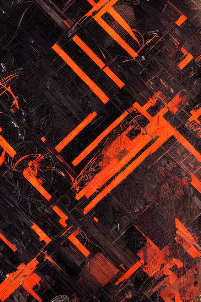 Intricate Black and Orange Abstract Digital Art with Chaotic Patterns