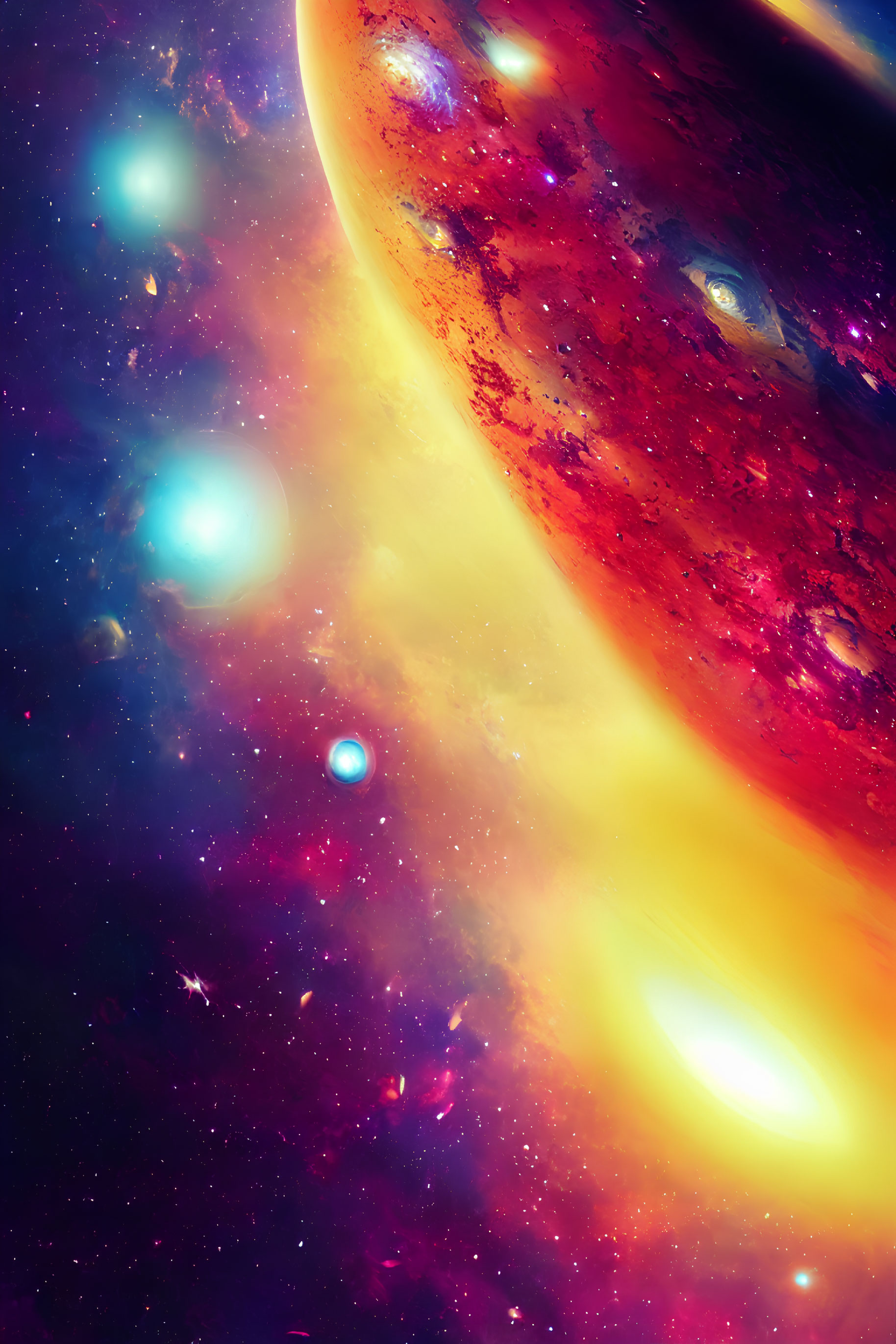 Colorful cosmic scene with glowing planet and stars in blue, red, and yellow