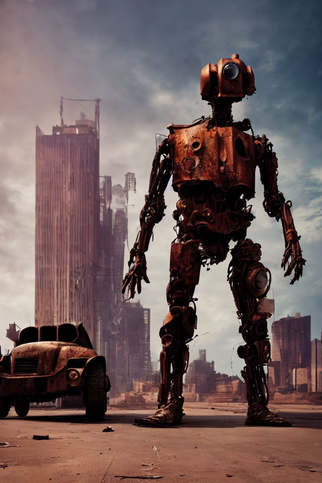 Rusty humanoid robot in desolate cityscape with crumbling buildings