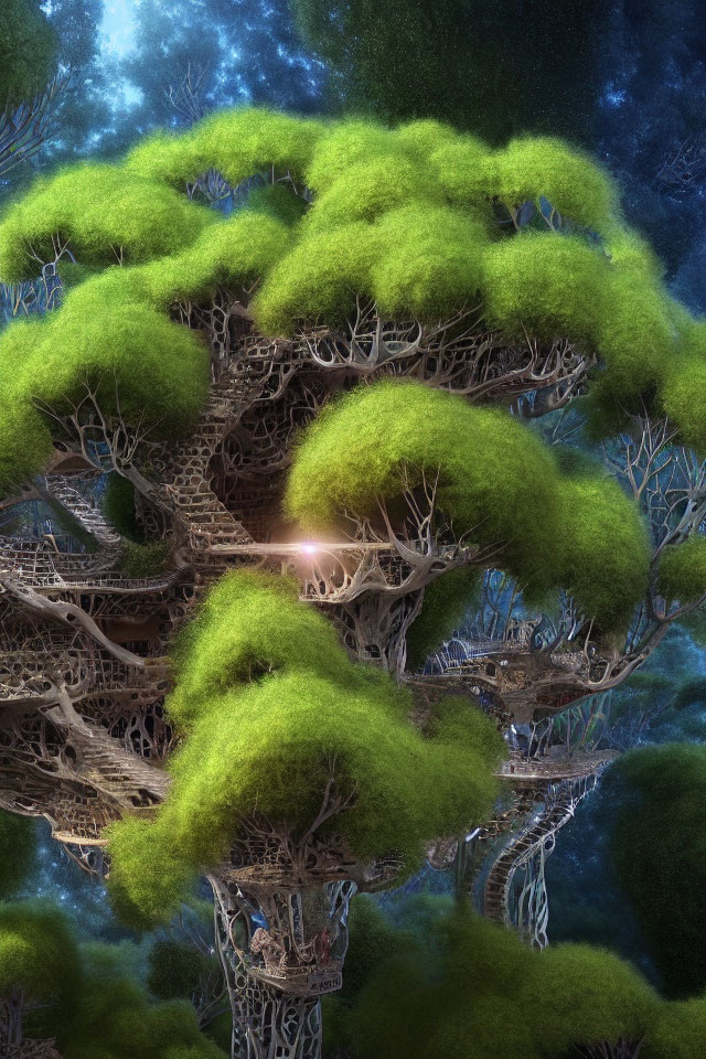 Fantastical tree with lush green canopies under starry night sky