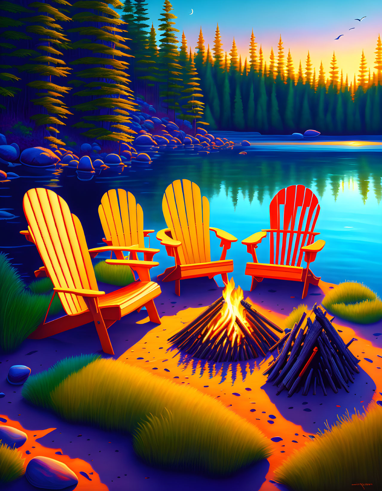 Scenic sunset view: Three colorful chairs by lake and bonfire