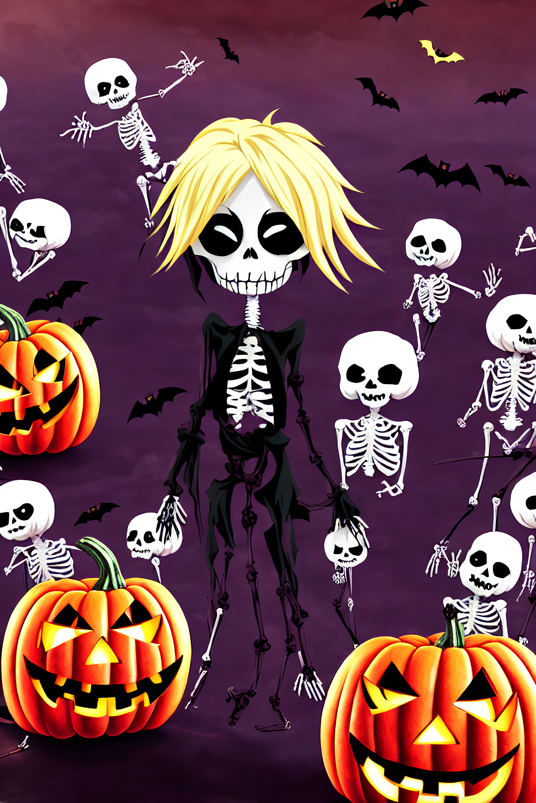 Yellow-haired animated skeleton on purple background with bats, jack-o'-lanterns, and dancing skeletons