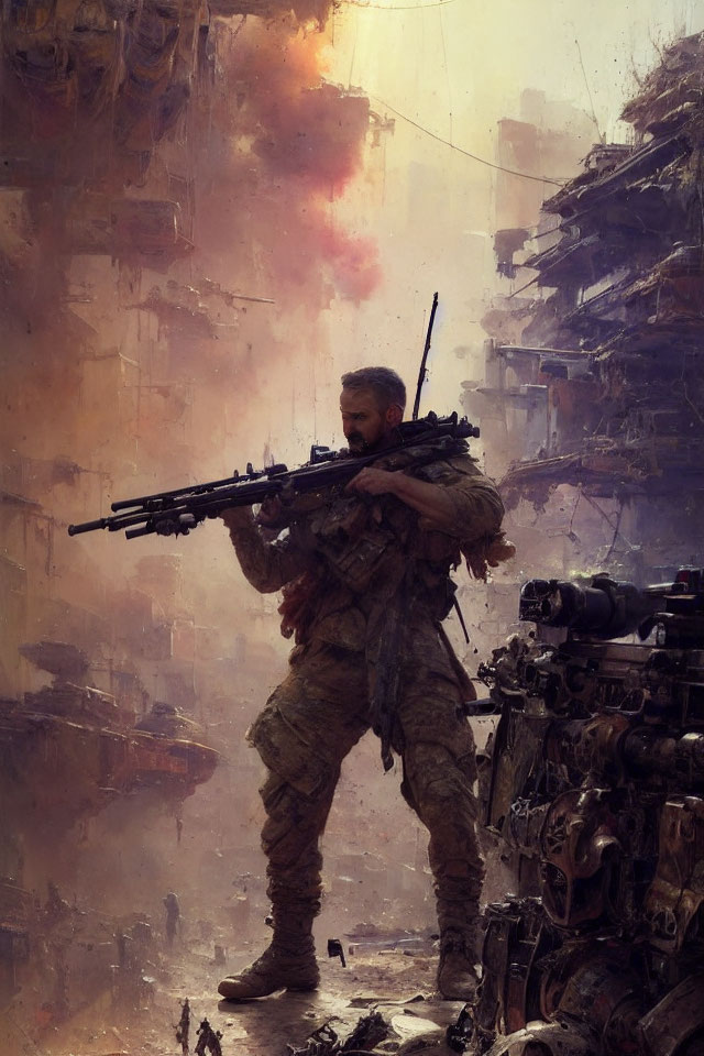 Bearded soldier with sniper rifle in war-torn setting