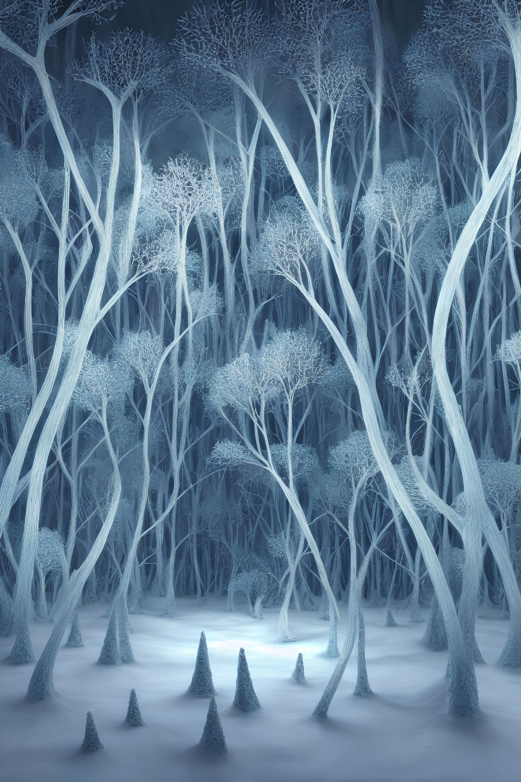 Snowy forest with frost-covered trees and blue lighting