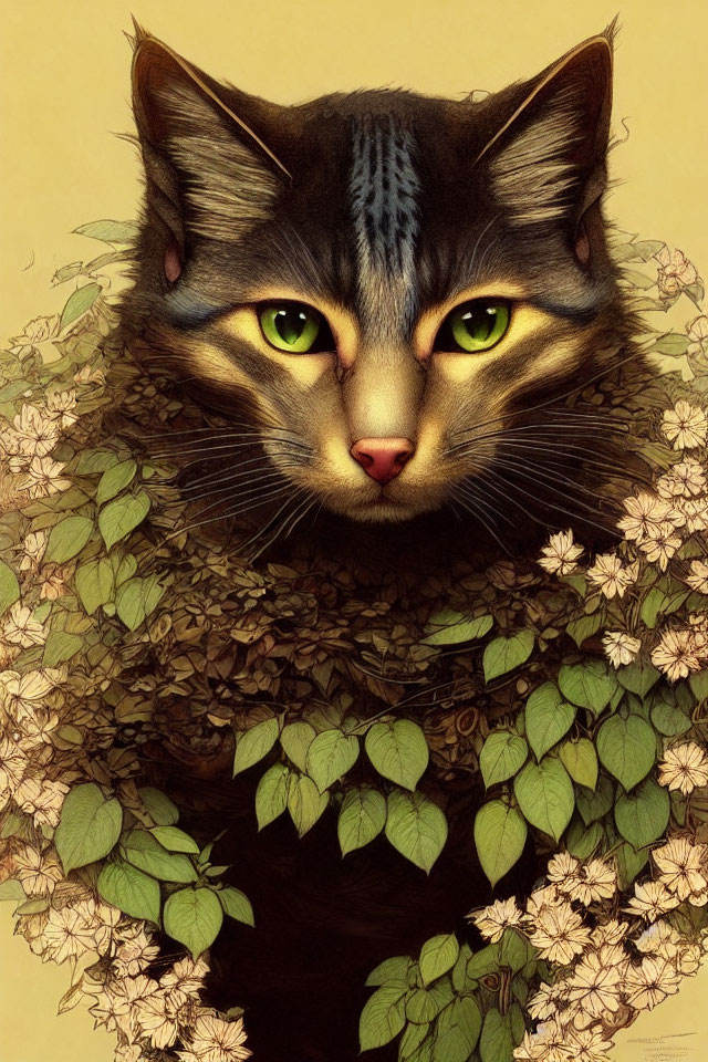 Detailed cat illustration with green eyes, fur patterns, green leaves, white flowers on yellow backdrop