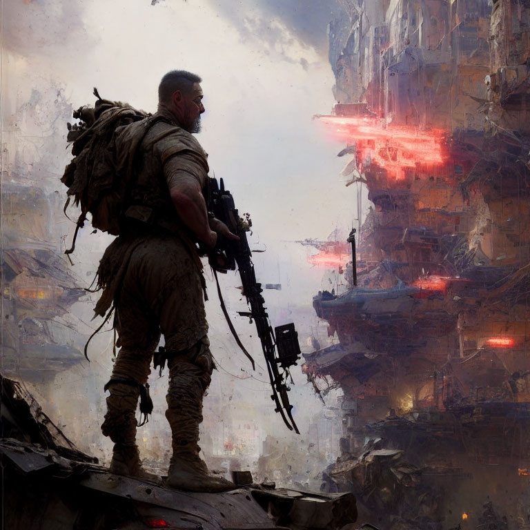 Dystopian cityscape with soldier and rifle amid red laser beams