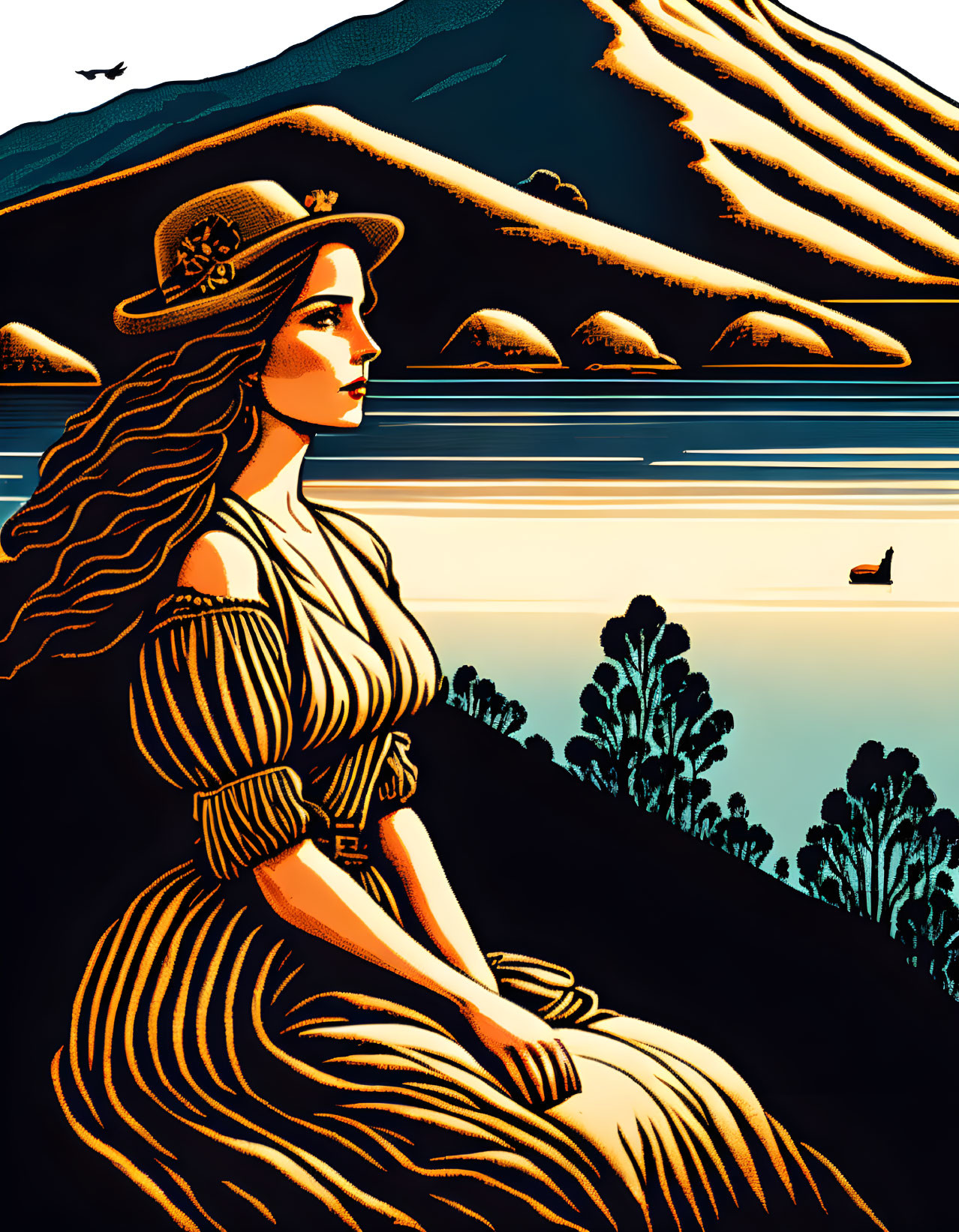 Vintage Attire Woman Contemplating Nature Scene Illustration