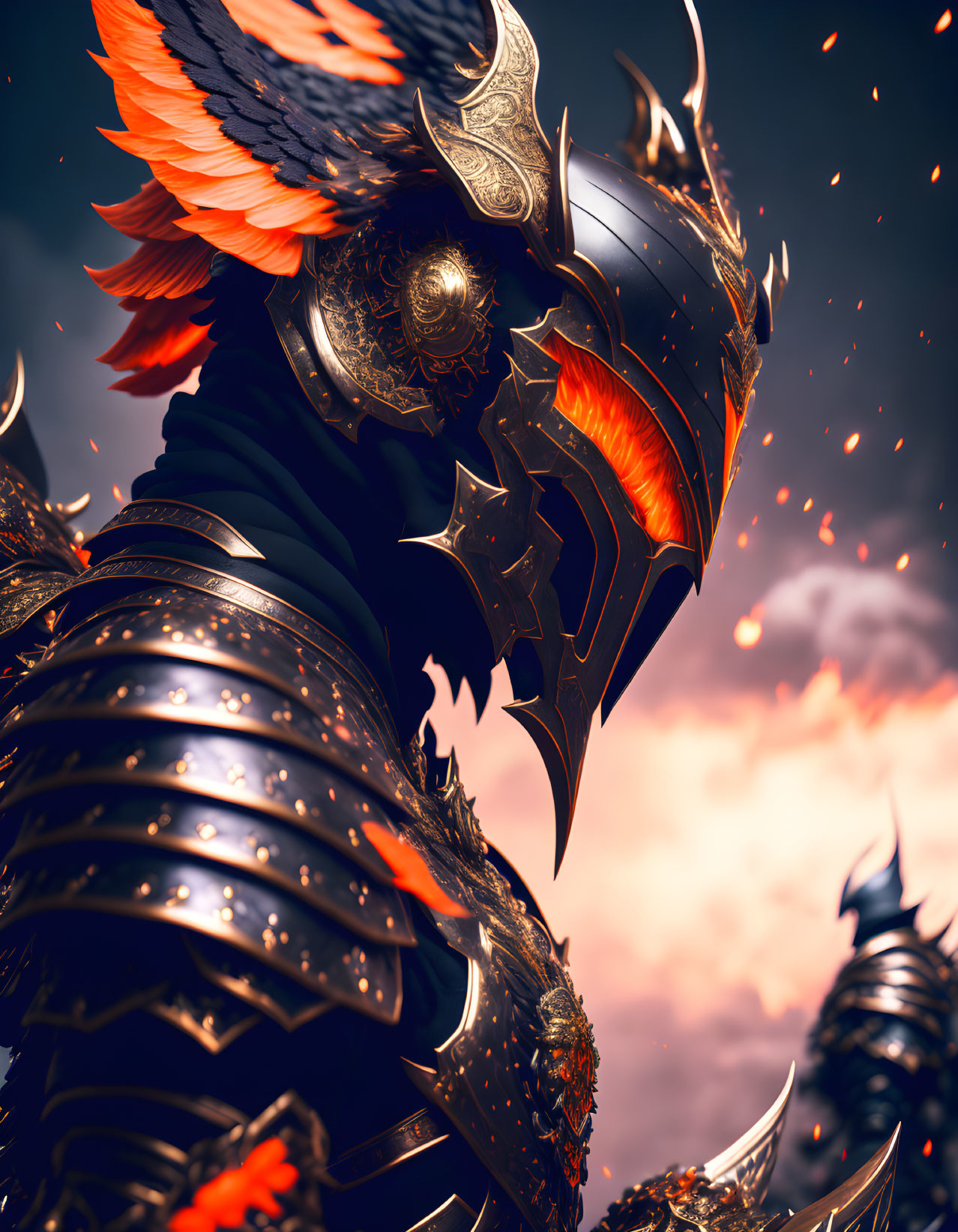 Black Armored Warrior Standing Under Dusky Sky with Glowing Orange Accents