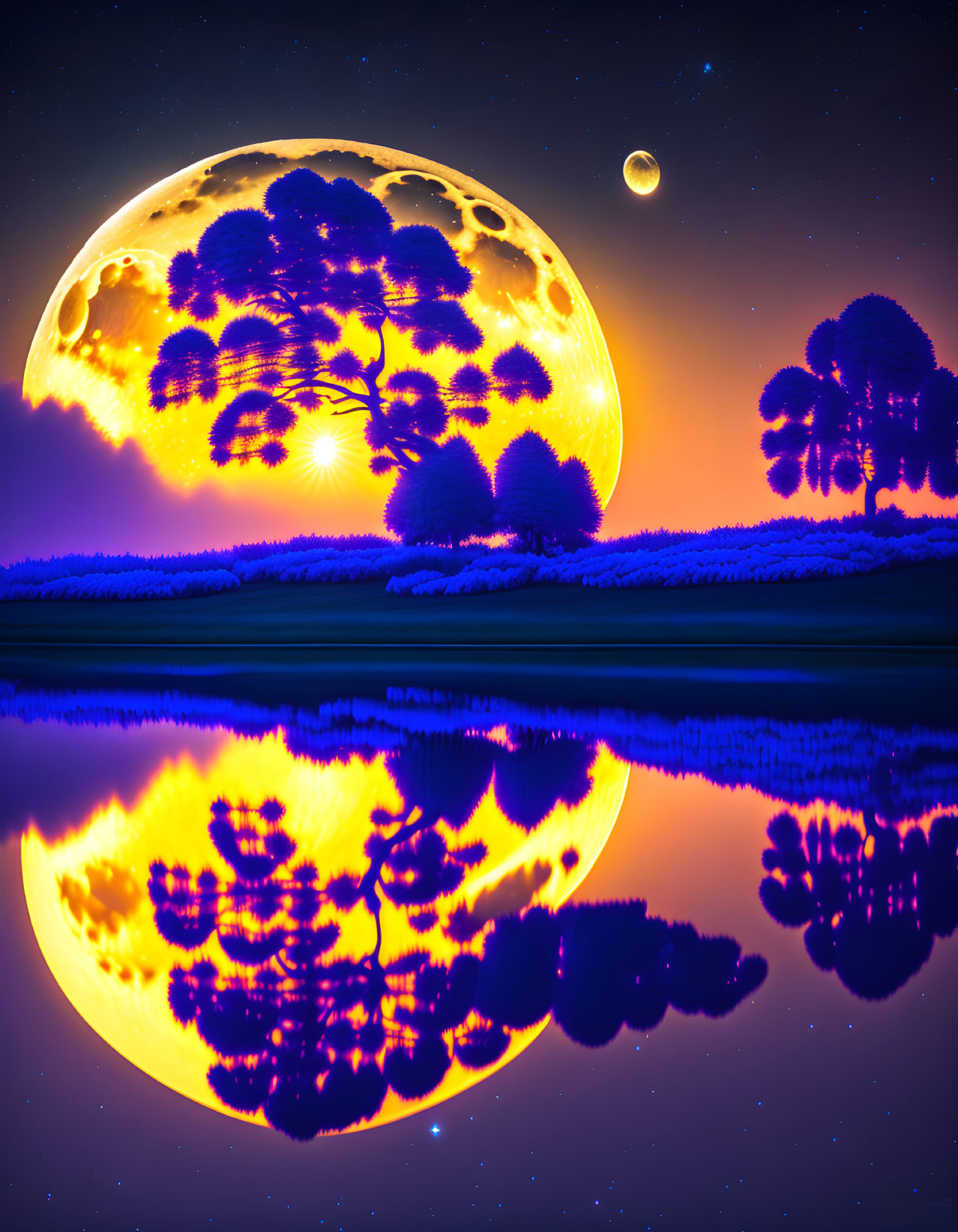 Digital Artwork: Oversized Moon, Clouds, and Sunset Reflections