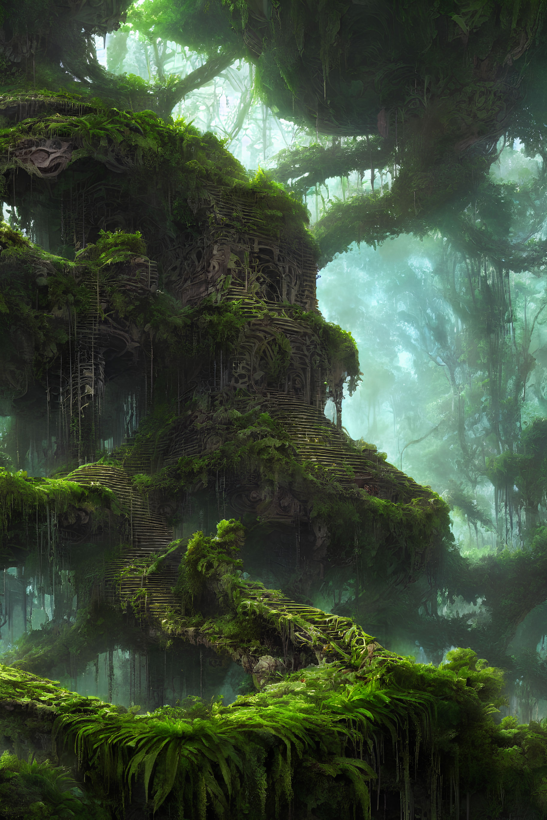 Misty forest with ancient ruins and lush greenery