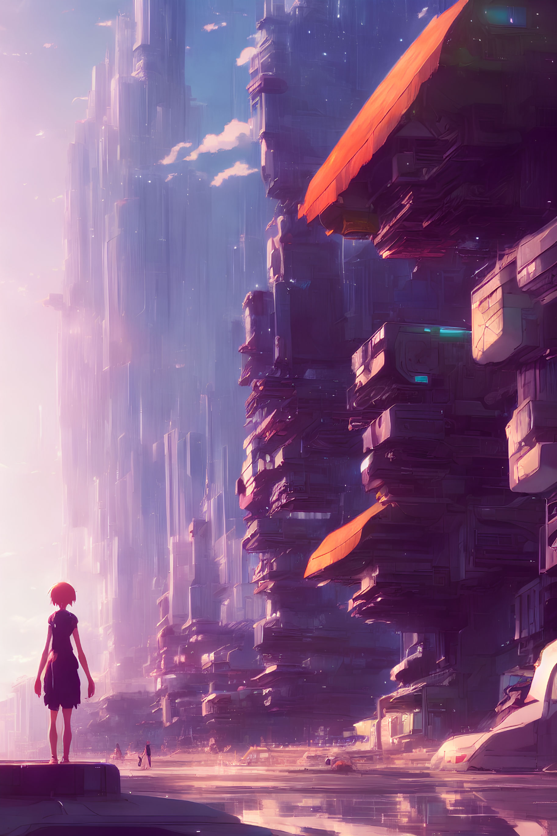 Futuristic skyscrapers and spacecraft in pinkish glow