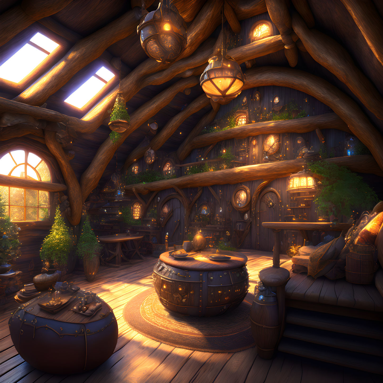 Warmly Lit Wooden Interior with Cauldron, Circular Tables, Banisters, and Plants by Ar