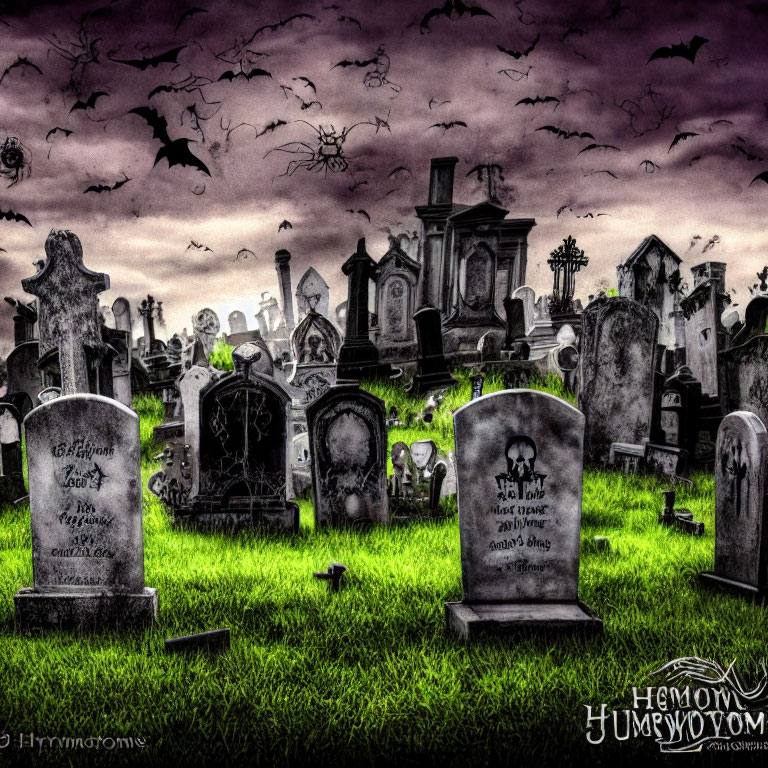 Spooky graveyard scene with tombstones, purple skies, bats, and Halloween decorations