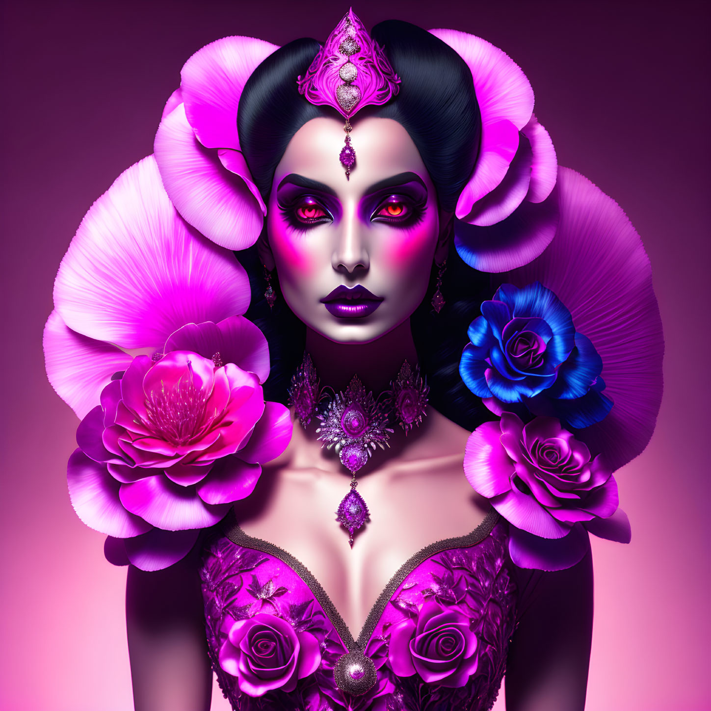 Violet-skinned woman adorned with flowers and jewelry on pink background