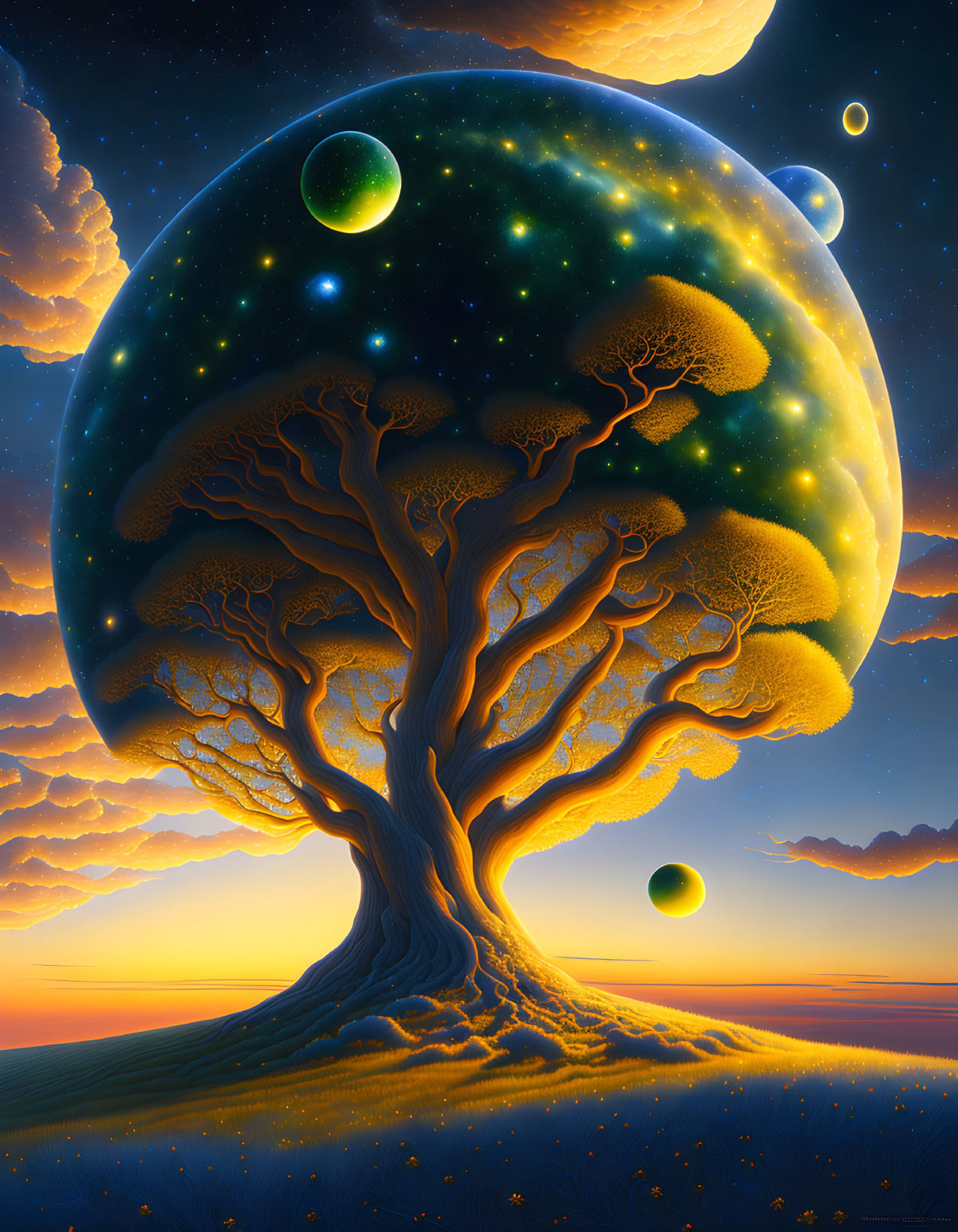 Majestic tree with golden leaves under starry sky - digital artwork