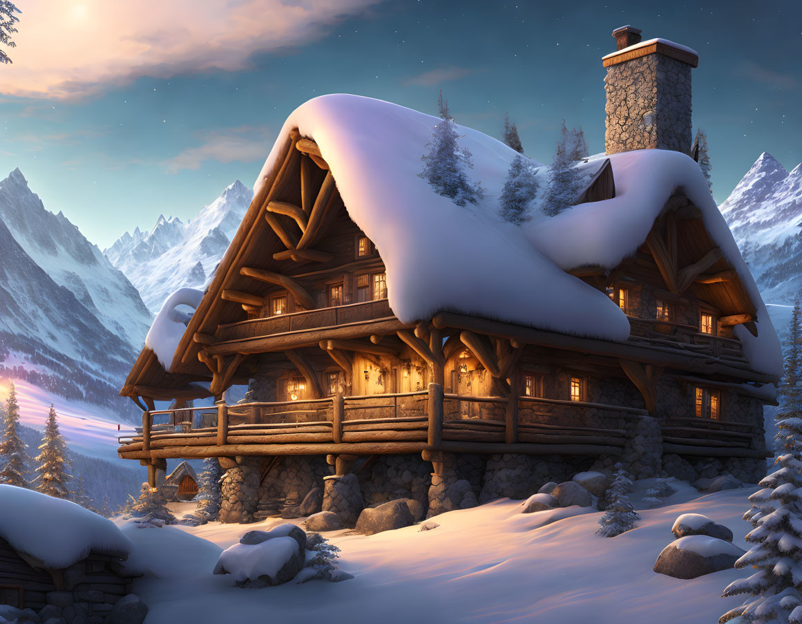 Snow-covered log cabin in serene winter landscape