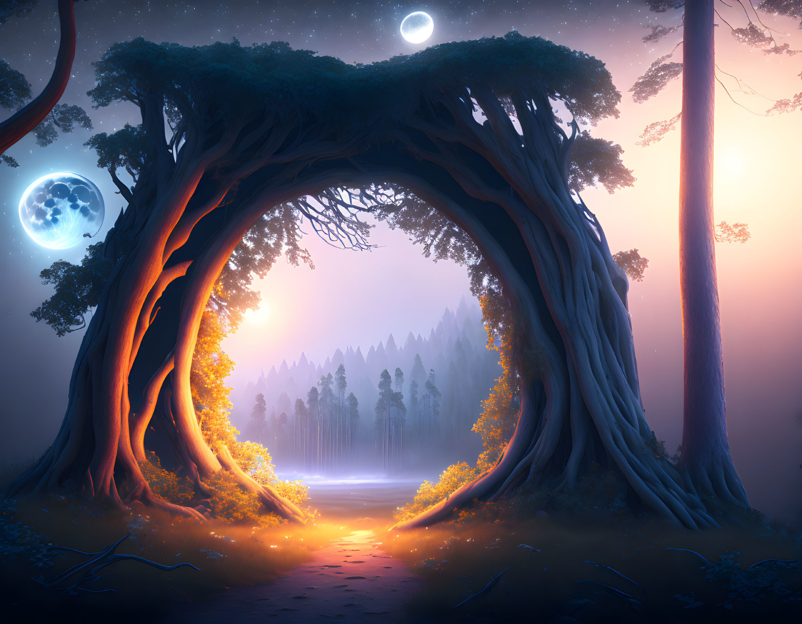 Twilight forest scene with arch-shaped tree and crescent moon