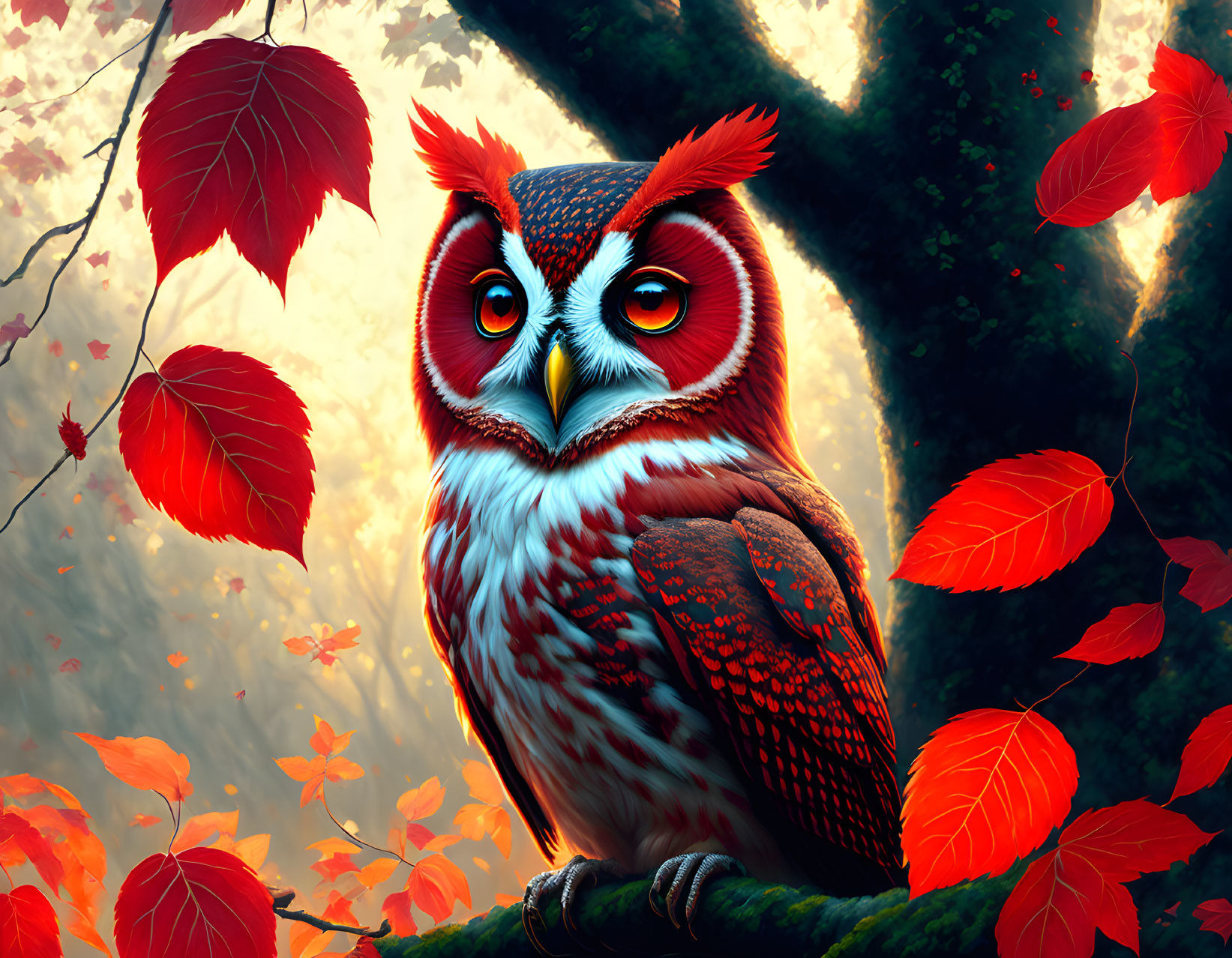 Colorful owl perched on branch in vibrant forest scene