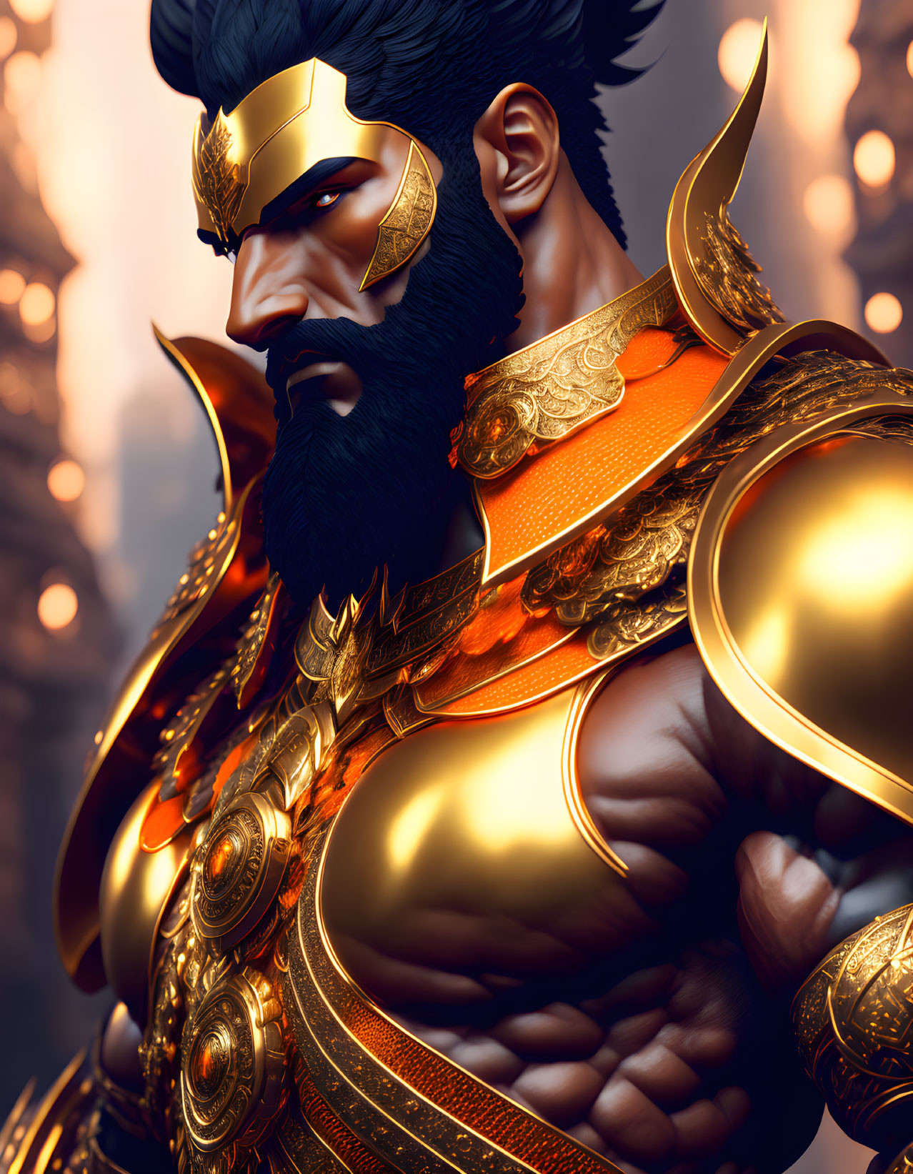 Detailed Close-Up of Heroic Figure in Ornate Golden Armor