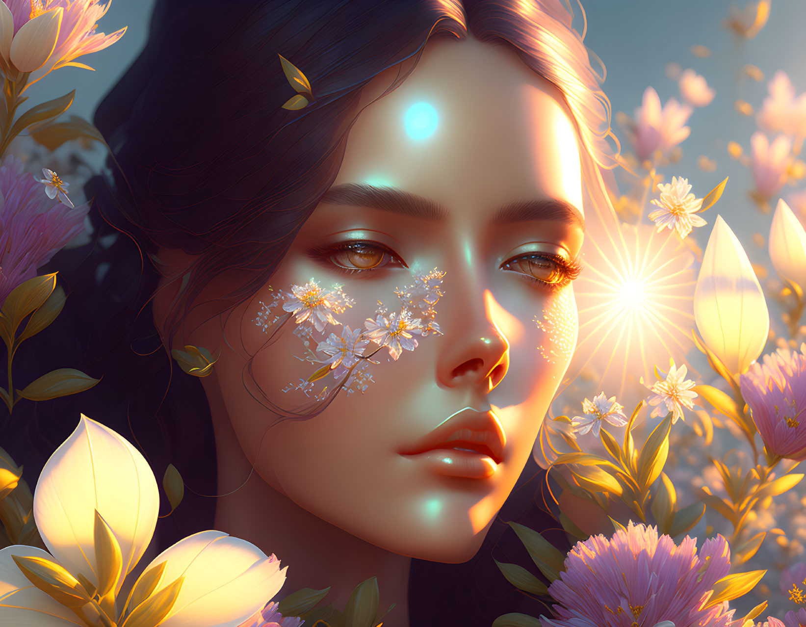 Illustrated woman with glowing marks surrounded by vibrant flowers