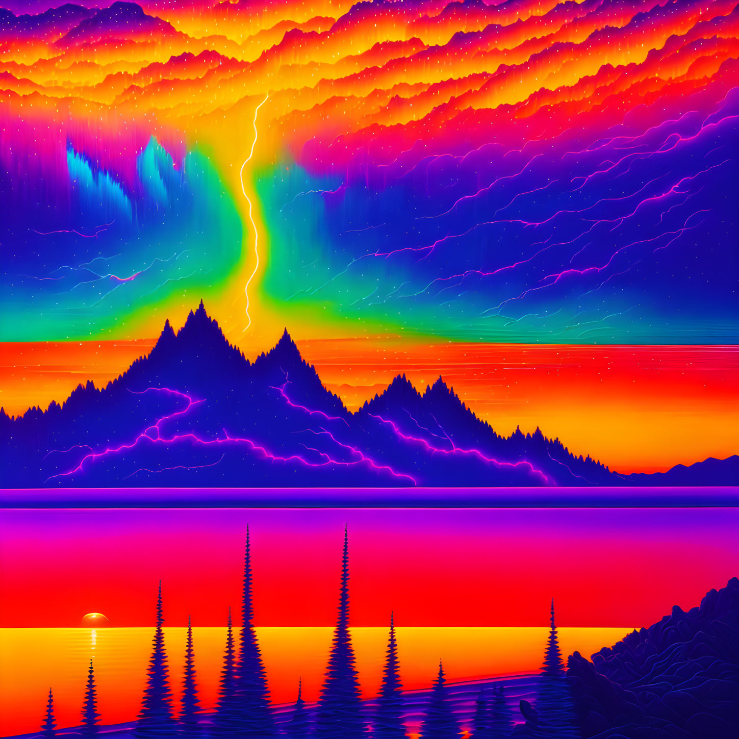 Colorful neon landscape: layered mountains, reflective lake, pine tree silhouettes, dynamic sky with