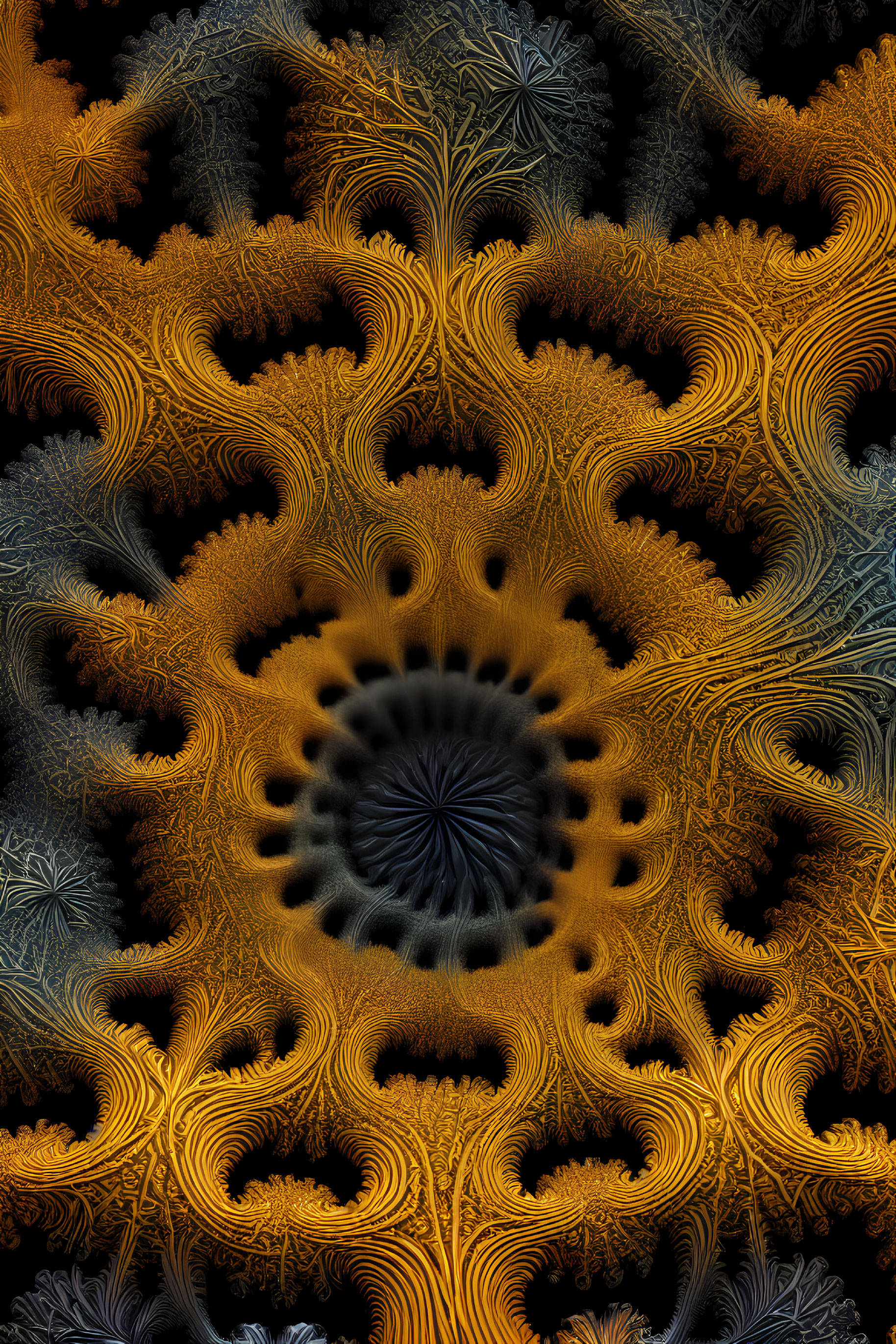 Intricate Yellow Fractal Patterns on Black Background