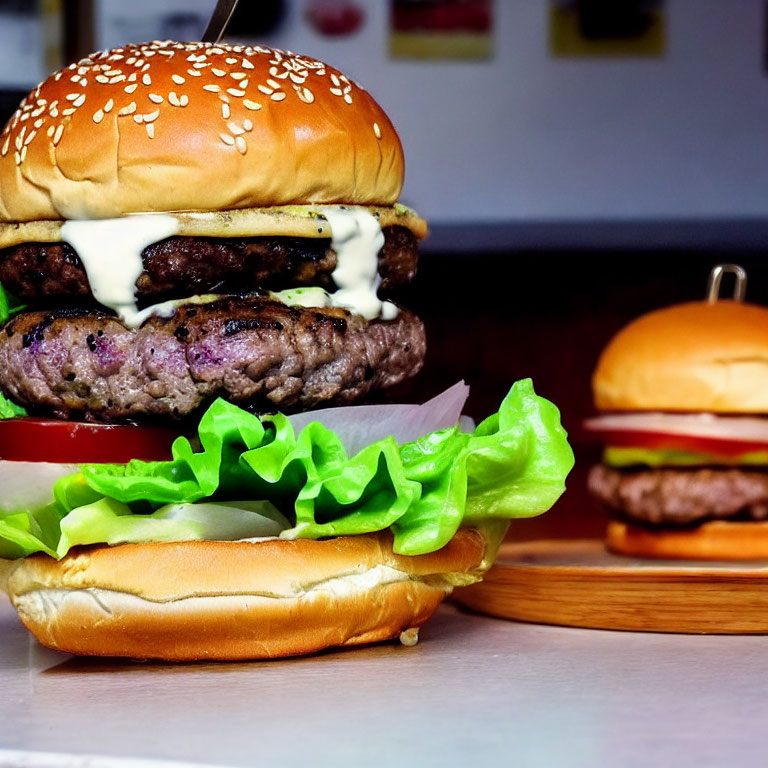 Double Cheeseburger with Lettuce, Tomato, Onions, Sauce, and Sesame Seed B