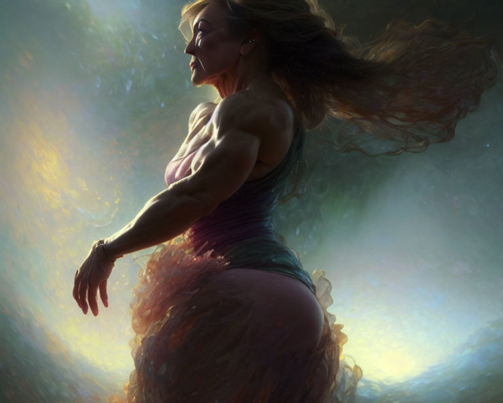 Long-haired woman with toned physique in ethereal light and swirling energies.