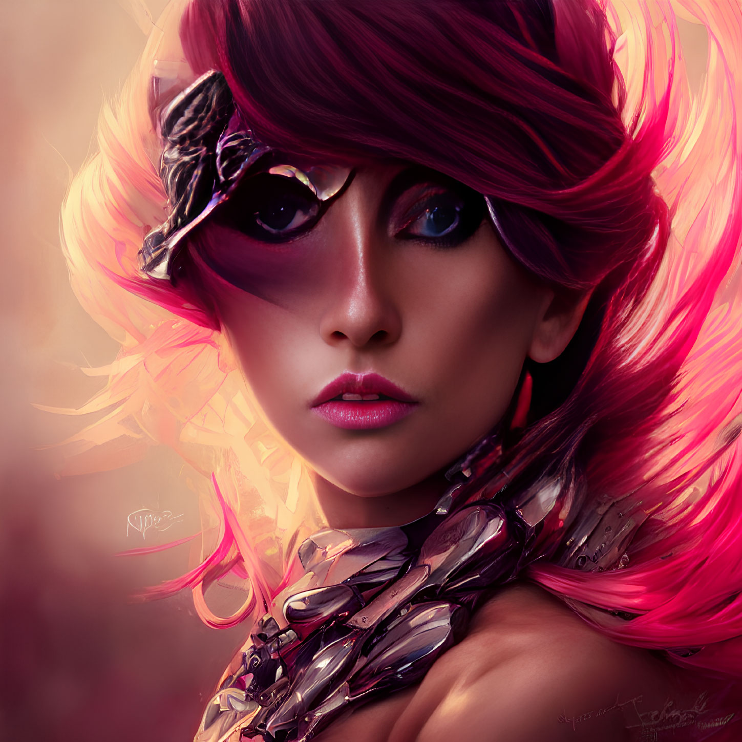 Digital artwork: Woman with pink hair, feathers, metallic armor, and heart eyepatch