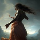 Long-haired woman with toned physique in ethereal light and swirling energies.