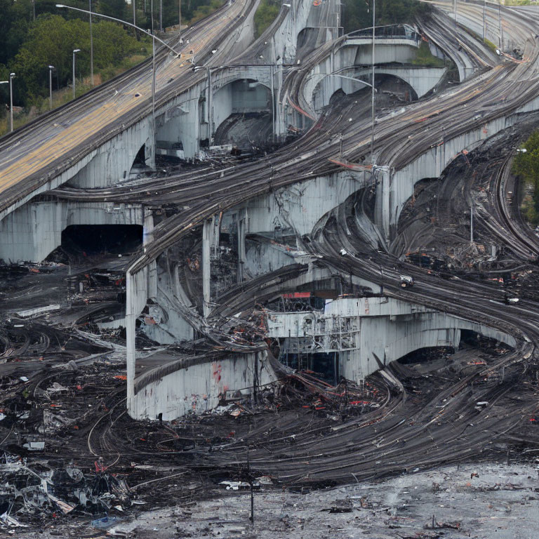 Damaged multi-layered highway interchange with charred remnants