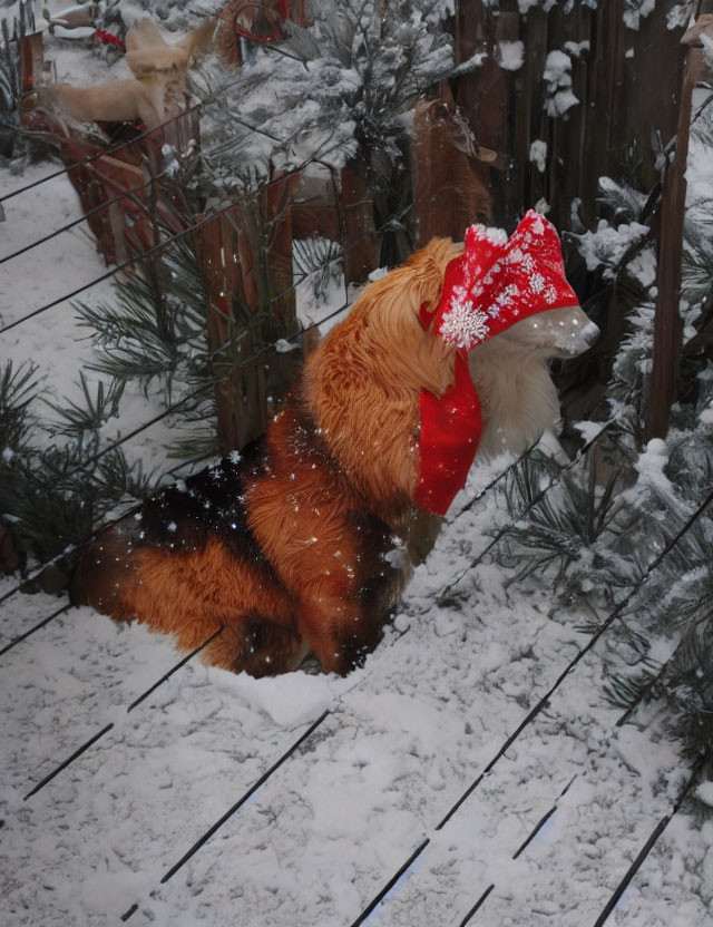 Red-scarfed dog in snowy scene with wooden fence and falling snowflakes