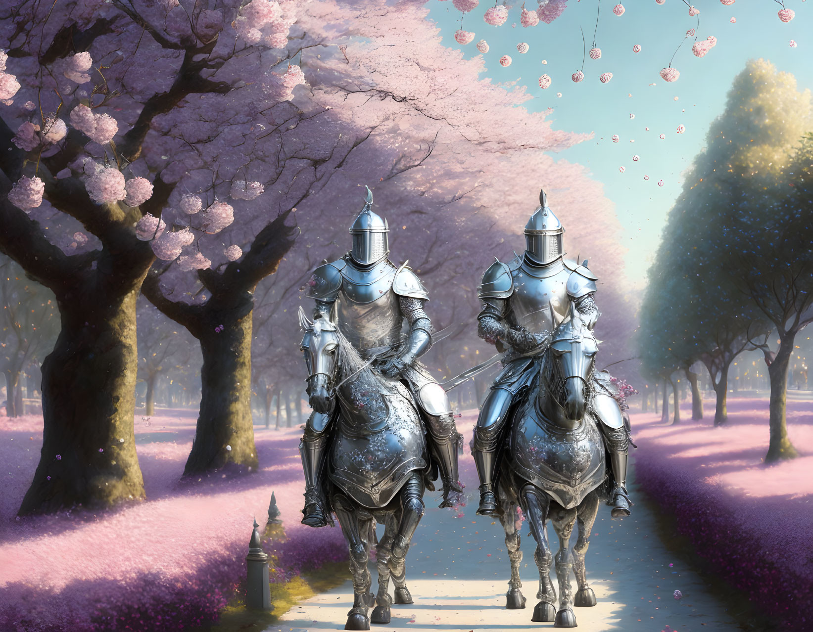 Knights on horseback under blooming cherry blossom trees