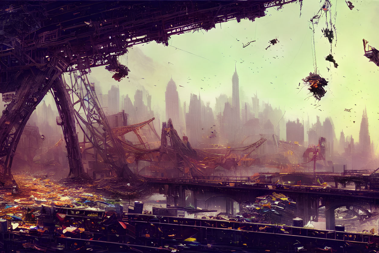 Dystopian cityscape with collapsed structures and futuristic airships