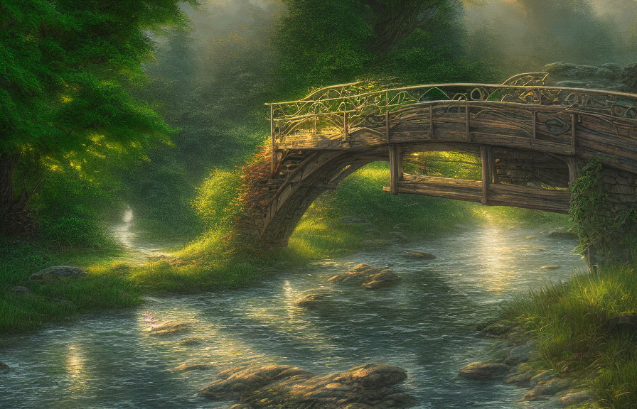 Old Wooden Bridge Over Serene Stream in Lush Greenery