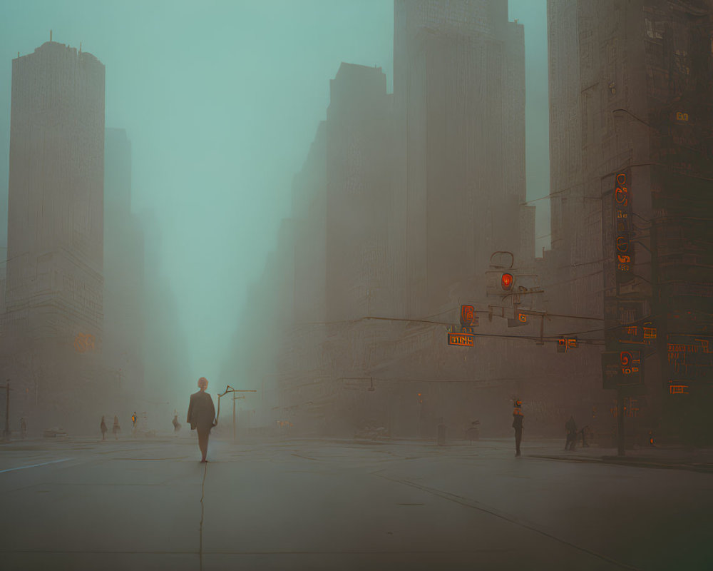 Urban intersection with misty atmosphere and towering buildings.